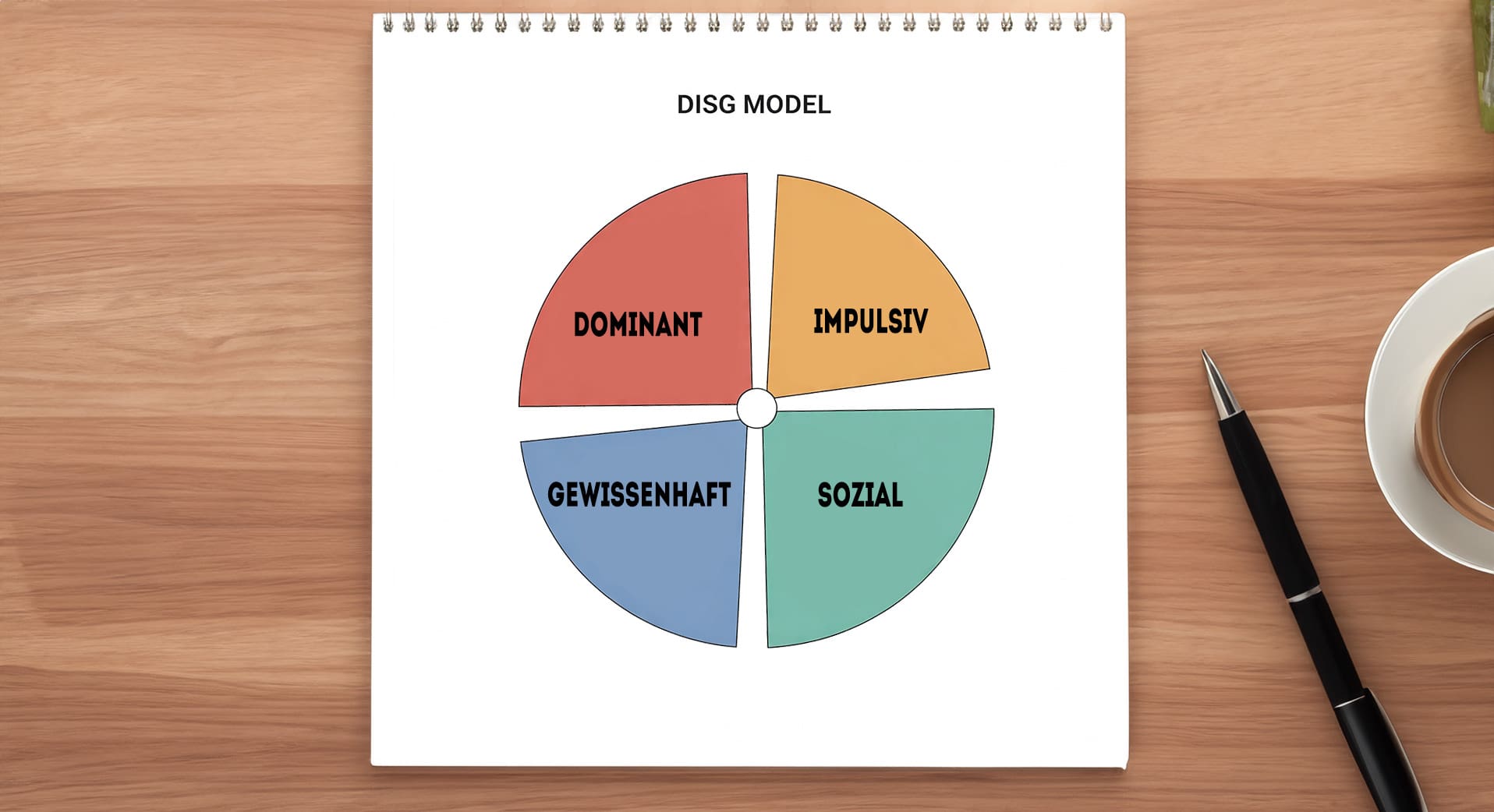 Eine anschauliche Darstellung des DISG-Modells, mit vier unterschiedlich farbigen Abschnitten, die die Persönlichkeitsprofile Dominanz (Rot), Initiative (Gelb), Stetigkeit (Grün) und Gewissenhaftigkeit (Blau) repräsentieren. Jeder Abschnitt enthält Symbole, die die Eigenschaften und Merkmale der jeweiligen Persönlichkeit verdeutlichen.