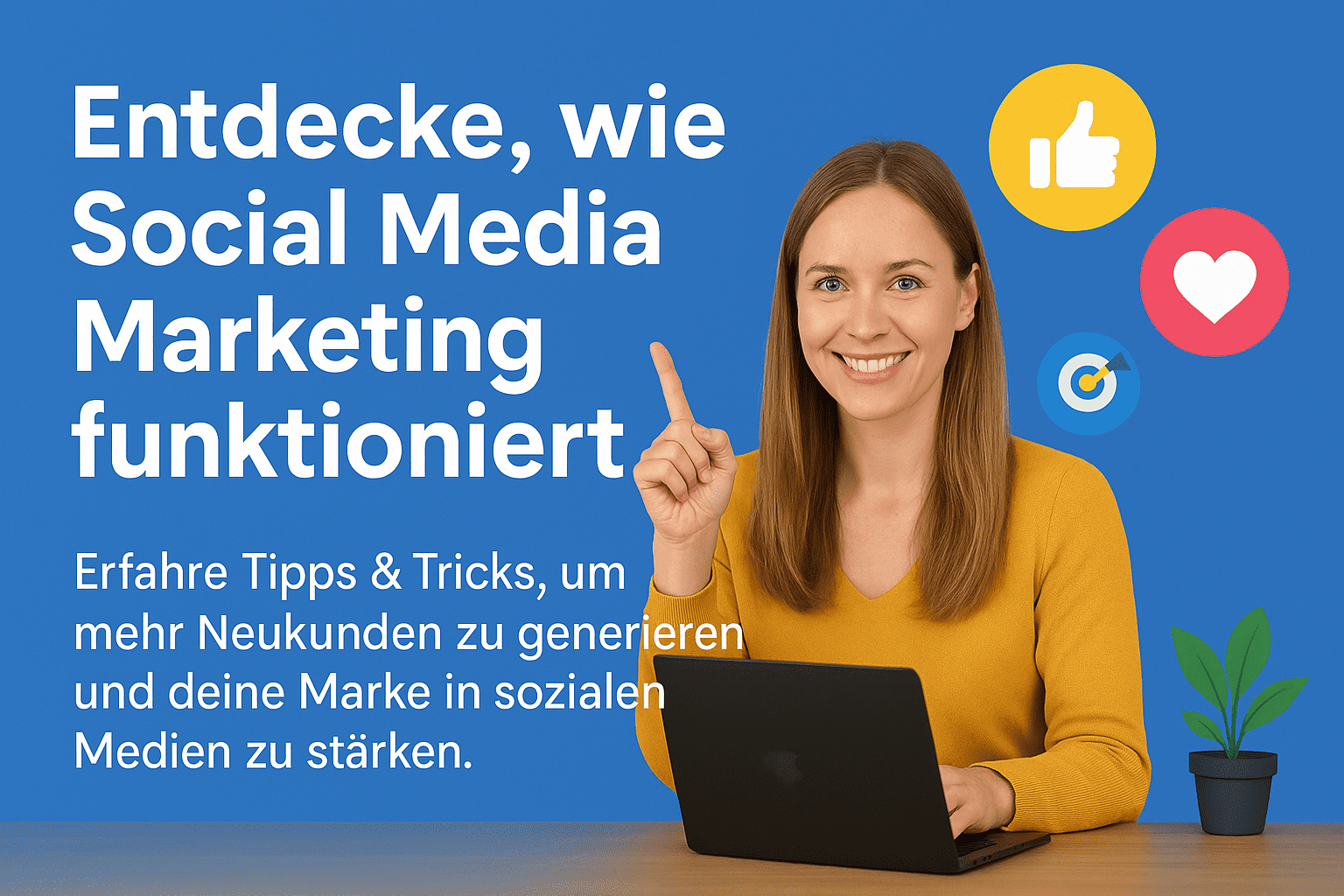 Lächelnde Frau in gelbem Pullover sitzt an einem Laptop auf einem Schreibtisch, daneben eine Zimmerpflanze. Im Hintergrund blaue Fläche mit weißem Text: 'Entdecke wie Social Media Marketing funktioniert! Erfahre Tipps & Tricks, um mehr Neukunden zu generieren und deine Marke in sozialen Medien zu stärken.' Umgeben von farbigen Social-Media-Symbolen
