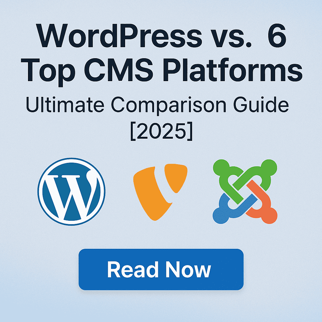 Thumbnail graphic with the title ‘WordPress vs. 6 Top CMS Platforms: Ultimate Comparison Guide [2025]’ featuring logos of WordPress, TYPO3, and Joomla! on a light blue gradient background with a ‘Read Now’ button at the bottom