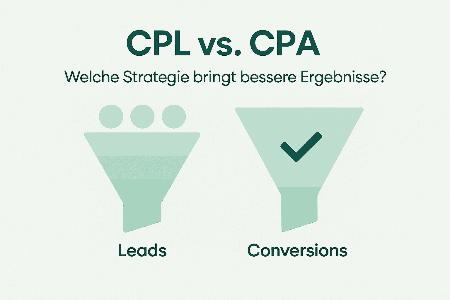 Thumbnail-Grafik mit dem Titel ‚CPL vs. CPA – Welche Strategie bringt bessere Ergebnisse?‘. Links ein Trichter mit dem Label ‚Leads‘, rechts ein Trichter mit Haken und dem Label ‚Conversions‘, auf hellem Hintergrund in Grüntönen