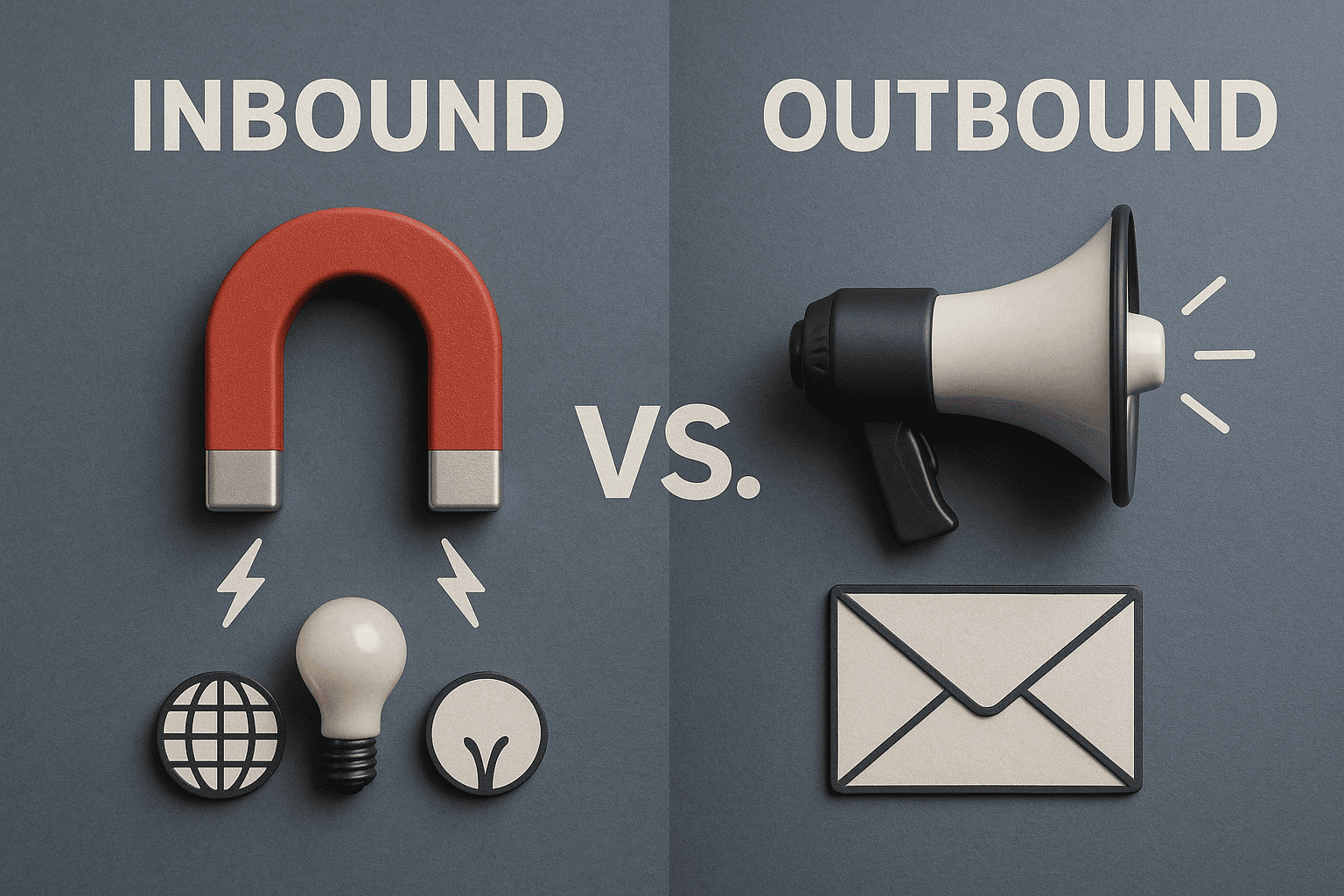 Fotorealistisches Thumbnail mit der Gegenüberstellung von Inbound und Outbound Marketing. Links ein roter Magnet mit Symbolen für Idee und globales Netzwerk, rechts ein Megafon und ein Briefumschlag als Sinnbild für klassische Werbung. Geteilt durch ein großes VS auf dunkelgrauem Hintergrund.