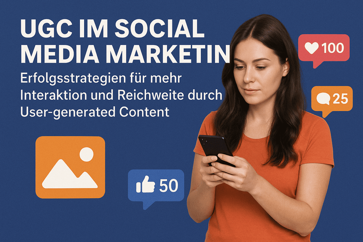 Fotorealistisches Thumbnail mit dem Titel „UGC im Social Media Marketing – Erfolgsstrategien für mehr Interaktion und Reichweite durch User-generated Content“. Eine junge Frau schaut auf ihr Smartphone, umgeben von Symbolen für Likes, Kommentare und Bild-Uploads vor einem blauen Hintergrund.