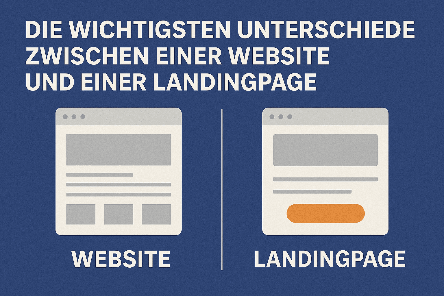 Thumbnail mit dem Titel Die wichtigsten Unterschiede zwischen einer Website und einer Landingpage. Links eine stilisierte Website mit mehreren Inhaltsbloecken, rechts eine fokussierte Landingpage mit prominentem Call-to-Action-Button, beide vor blauem Hintergrund dargestellt.